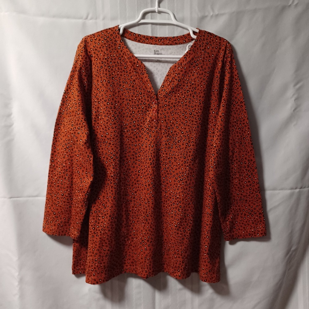 Kim Rogers Tee Womens XXL Rust Leo Perfectly Soft 3/4 Henley Leopard Print NEW